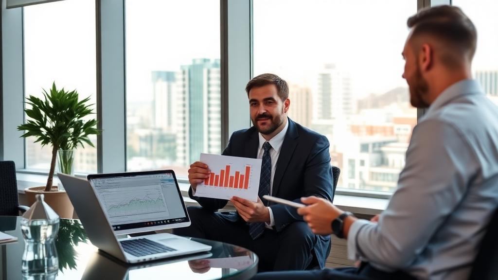 Buyer's agent presenting commercial property acquisition analysis to investor client in Doral